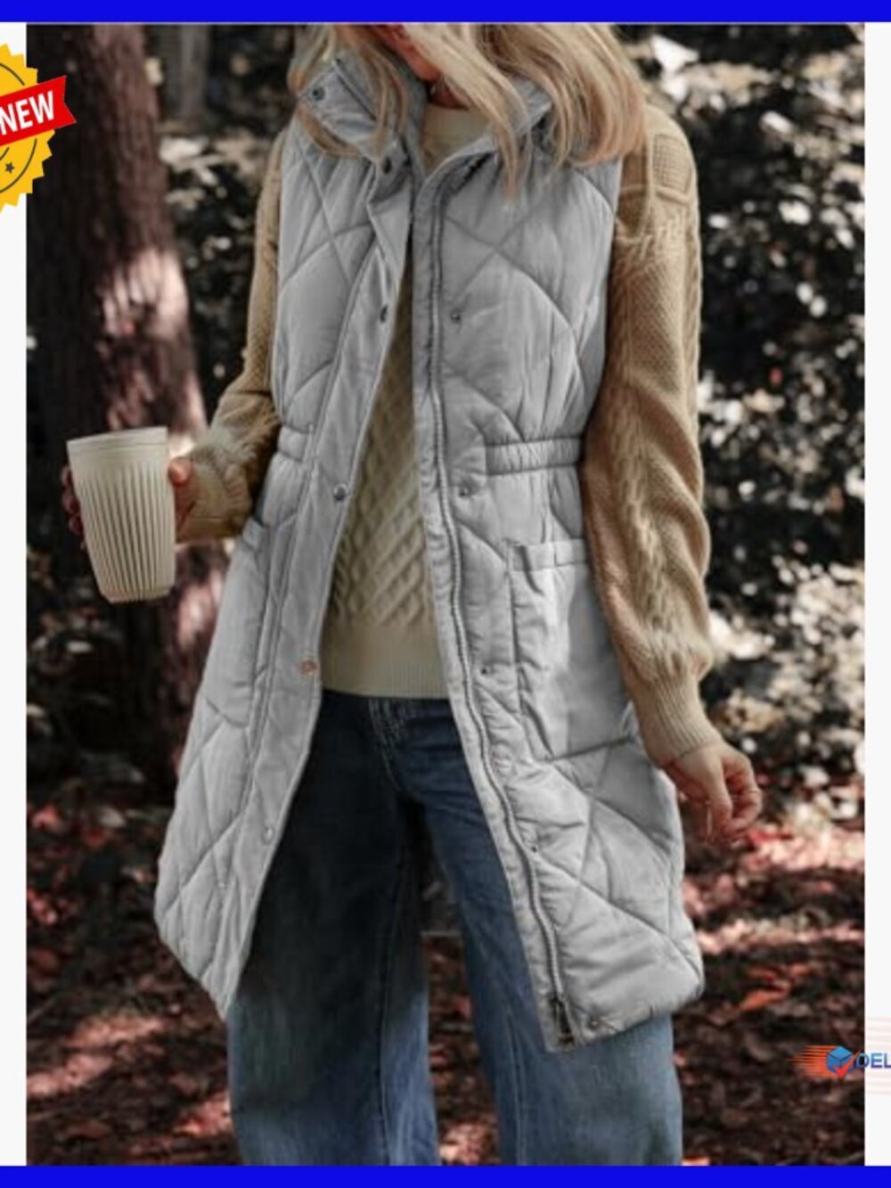 Long Puffer Vest Stand Collar Sleeveless Winter Coat with Pockets - Picture 4 of 7